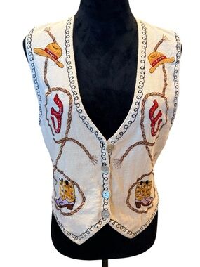 Vintage Western Cowgirl White Cotton Vest Top New Directions Size Medium